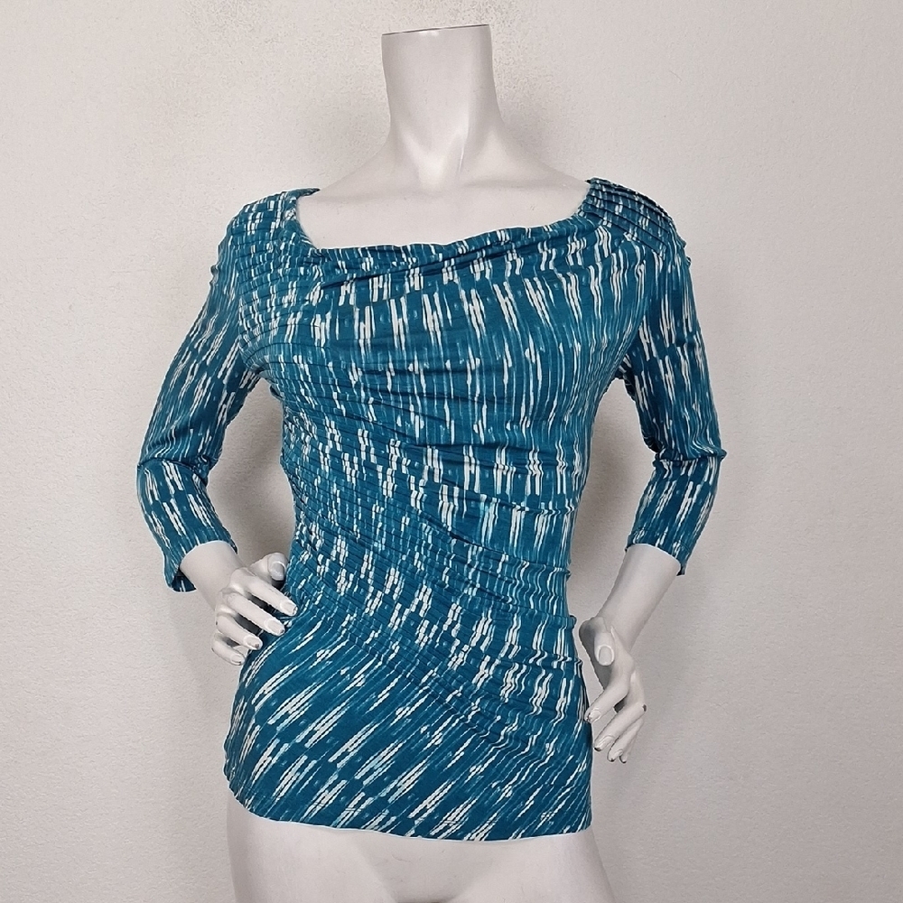 Tart "NEW" Blue White Modal Blend Geometric Print Coastal Retro Blouse Size S